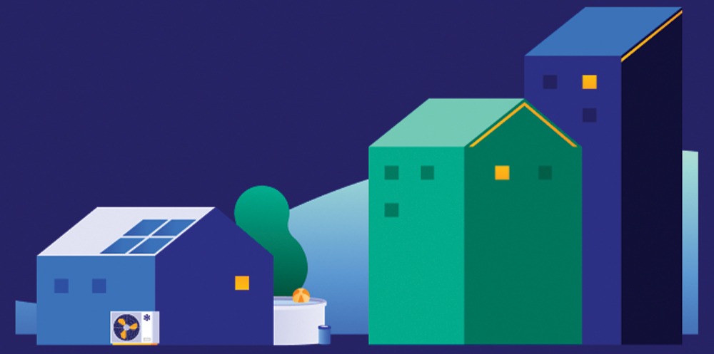 Illustration de bâtiments résidentiels de tailles variées, d'une maison unifamiliale à un immeuble à logements, avec une thermopompe admissible au programme LogisVert