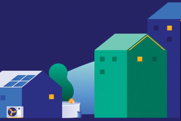 Illustration de bâtiments résidentiels de tailles variées, d'une maison unifamiliale à un immeuble à logements, avec une thermopompe admissible au programme LogisVert